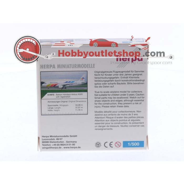 Schaal 1:500 Herpa 514972 Airbus A320 Balkan Holidays Reg. LZ-BHA #8391