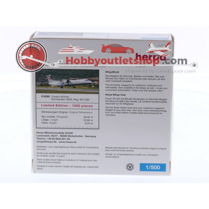 Schaal 1:500 Herpa 518260 Bombardier Q400 'Dalmacija' Croatia Airlines Reg. 9A-CQD #8443 - sku: 20251106030935 - Gebruikt - Zo goed als nieuw - Afbeelding 2