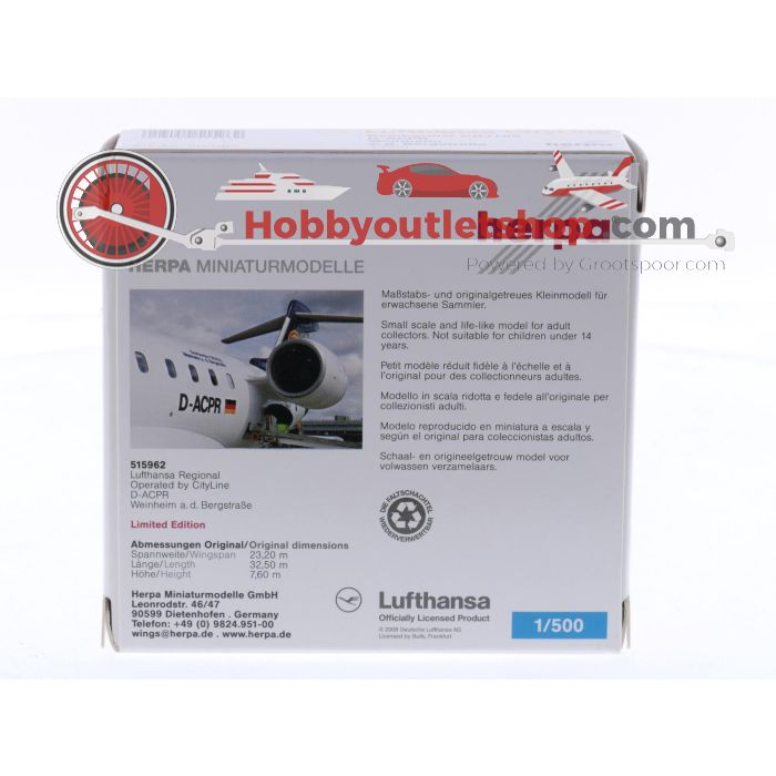 Schaal 1:500 Herpa 515962 Bombardier CRJ700 "50 Jahre - Weinheim a.d. Bergstrasse" Lufthansa Regional - CityLine Reg. D-ACPR #8450 - sku: 20251107083129 - Gebruikt - Zo goed als nieuw - Afbeelding 2