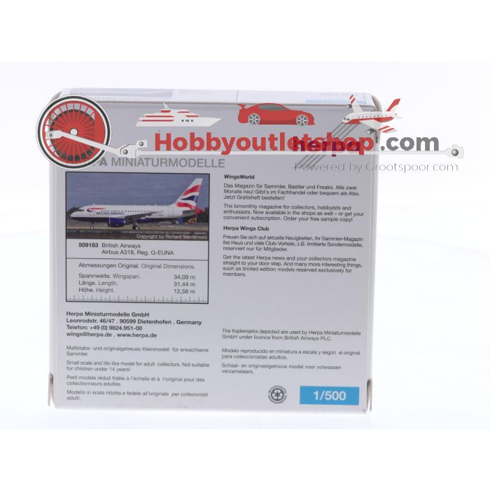 Schaal 1:500 Herpa 509183 Airbus A318 British Airways Reg. G-EUNA #8513