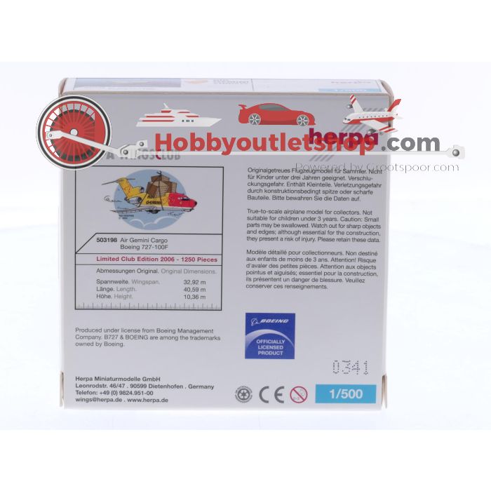 Schaal 1:500 Herpa 503198 Boeing 727-100F Air Gemini Cargo Reg. S9-BAH #8541 - sku: 20251121100936 - Gebruikt - Zo goed als nieuw - Afbeelding 2
