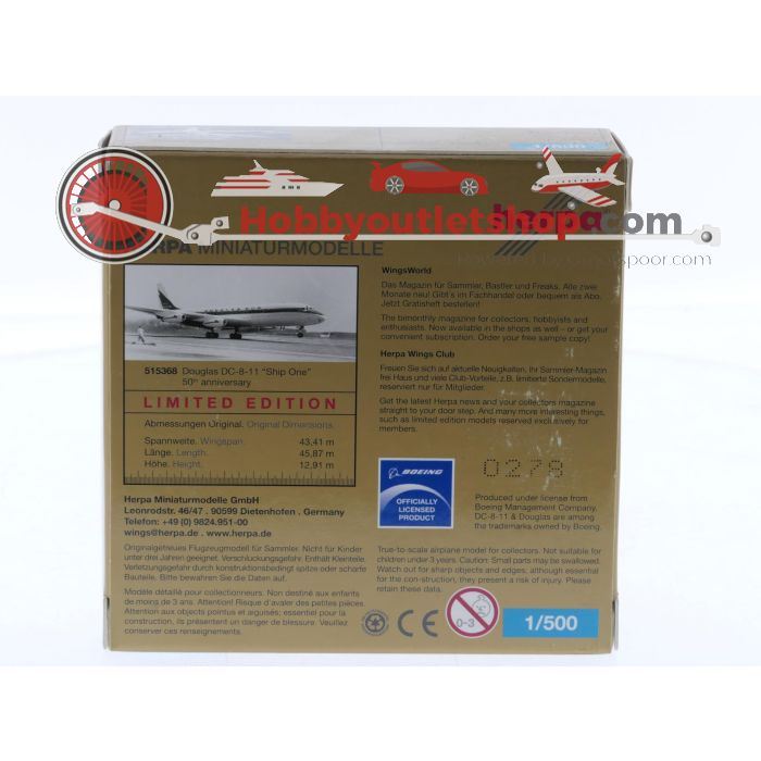 Schaal 1:500 Herpa 515368 Douglas DC-8-11 'Ship One' (50th anniversary) Douglas Reg. N8008D #8551