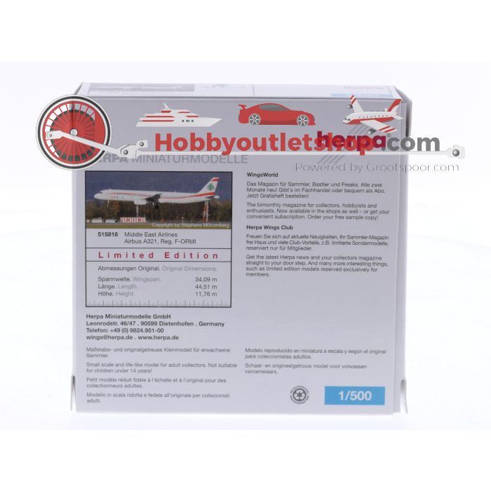 Schaal 1:500 Herpa 515818 Airbus A321 MEA - Middle East Airlines Reg. F-ORMI #8569 - sku: 20251125093959 - Used - Like new - Photo 2