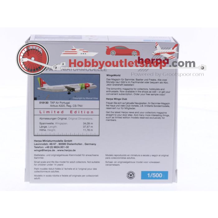 Schaal 1:500 Herpa 518130 Airbus A320 TAP Portugal Reg. CS-TNV #8584