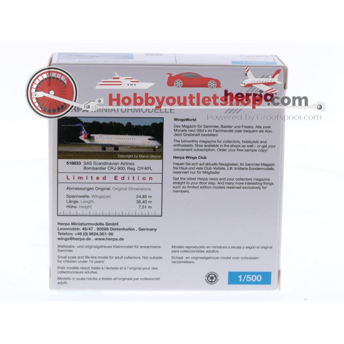 Schaal 1:500 Herpa 518833 Bombardier CRJ-900 SAS - Scadinavian Airlines Reg. OY-KFL #8585