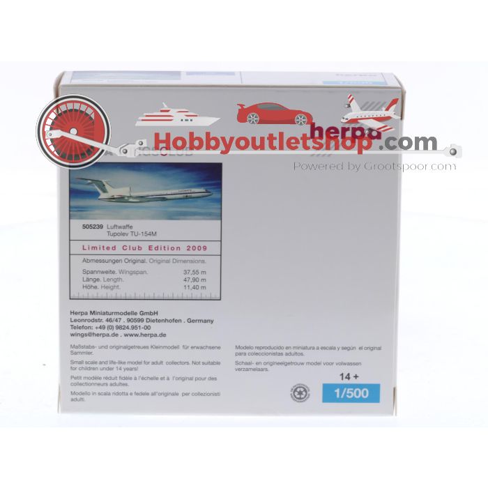 Schaal 1:500 Herpa 505239 Tupolev Tu-154M Luftwaffe Limited Club Edition 2009 Reg. 11+02 #8621 - sku: 20251127044536 - Gebraucht - Wie Neu - Bild 2