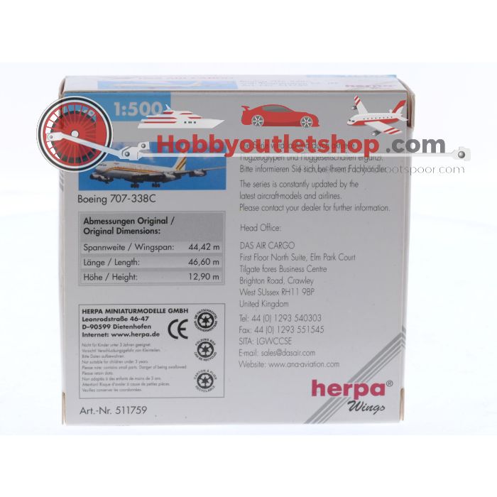 Schaal 1:500 Herpa 511759 Boeing 707-338C DAS Air Cargo Reg. 5X-JEF #8627