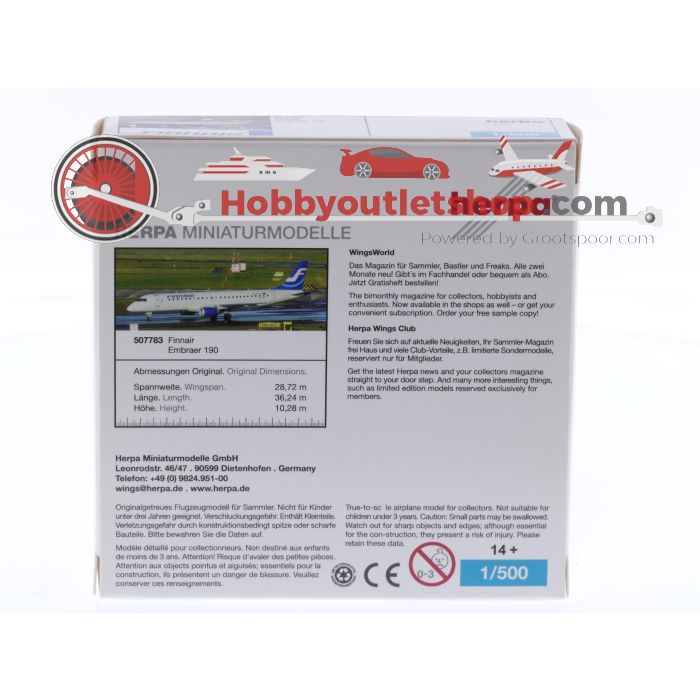 Schaal 1:500 Herpa 507783 Embraer 190 Finnair Reg. OH-LKI #8631