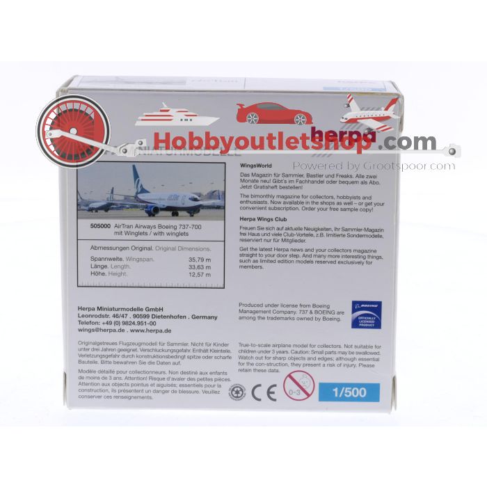 Schaal 1:500 Herpa 505000 Boeing 737-700 met winglets AirTran Airways Reg. N169AT #8641