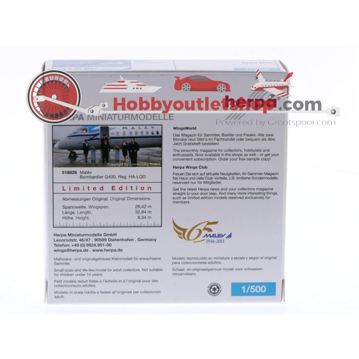 Schaal 1:500 Herpa 518826 Bombardier Q400 Malév Reg. HA-LQD #8642