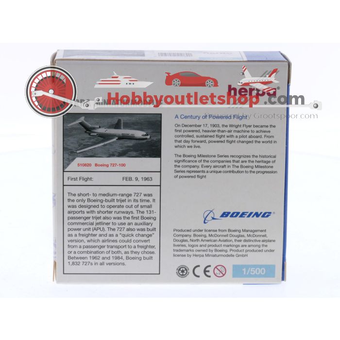 Schaal 1:500 Herpa 510820 Boeing 727-100 Boeing Company Reg. NA #8643
