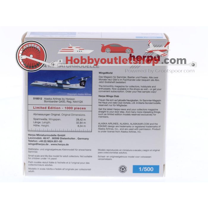 Schaal 1:500 Herpa 518512 Bombardier Q400 Alaska Airlines by Horizon Reg. N441QX #8652 - sku: 20251128050337 - Gebruikt - Zo goed als nieuw - Afbeelding 2