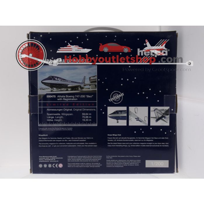 Schaal 1:200 Herpa 550475 Alitalia Boeing 747-200 "Baci" Reg. I-BEMF #9883 - sku: 20260819085839 - Gebruikt - Zeer goede staat - Afbeelding 4