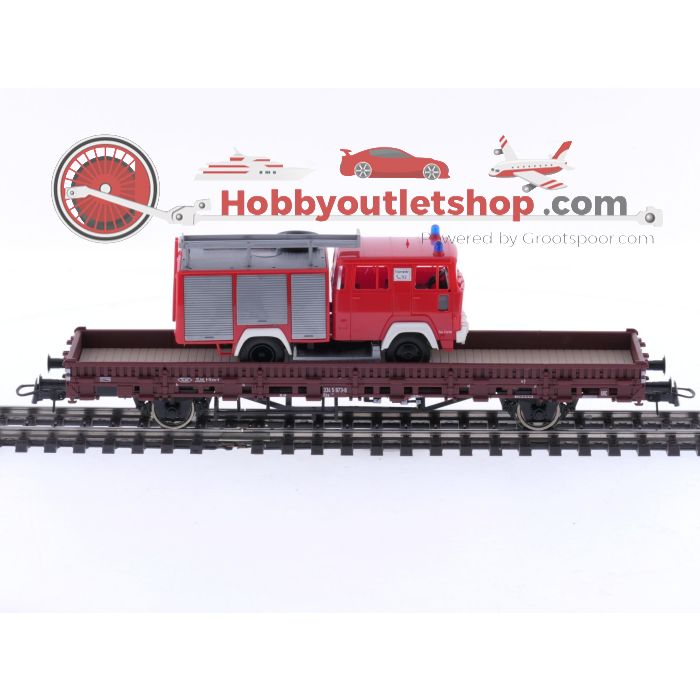 Schaal H0 Roco 66789 rongenwagon met brandweerwagen als lading van de DB #5707