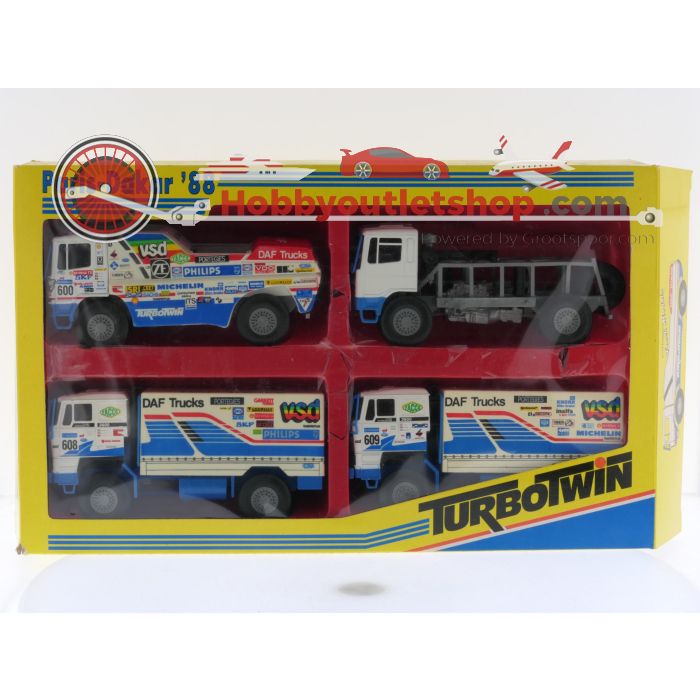 Schaal 1:50 Portegies truck models DAF Turbotwin II Parijs-Dakar 1988.Jan de Rooy 600,608,609 . Set van 4 modellen, met fotos en stickers #6051 - sku: 20240809111656 - Gebruikt - Zo goed als nieuw - Afbeelding 2