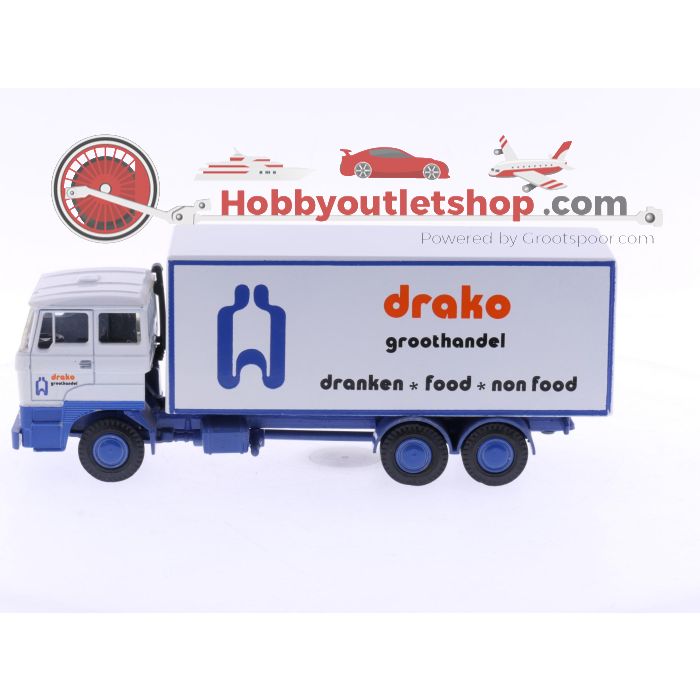 Schaal 1:50 Lion Car Nr.73 Daf 3300 Vrachtauto met kantelcabine en laadbak, Drako groothandel. #6105