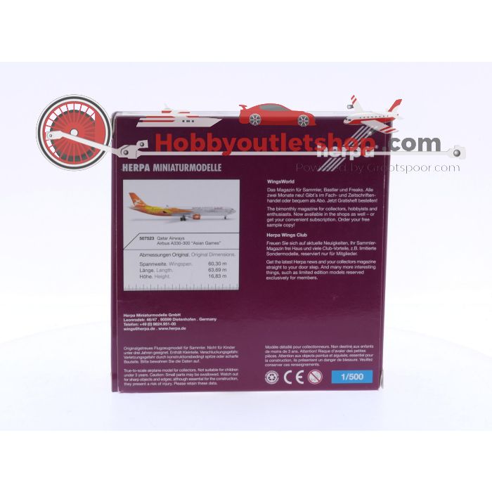 Schaal 1:500 Herpa 507523 Qatar Airways - Airbus A330-300 