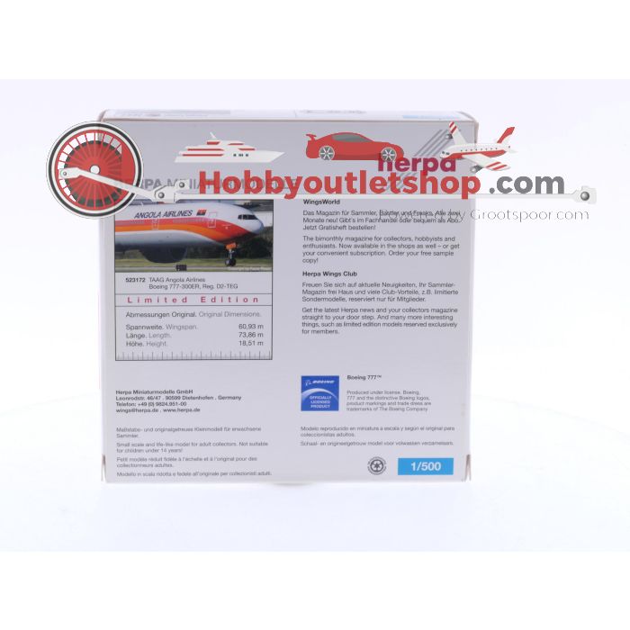 Schaal 1:500 Herpa 523172 TAAG Angola Airlines - Boeing 777-300ER Reg.Nr. D2-TEG #6225