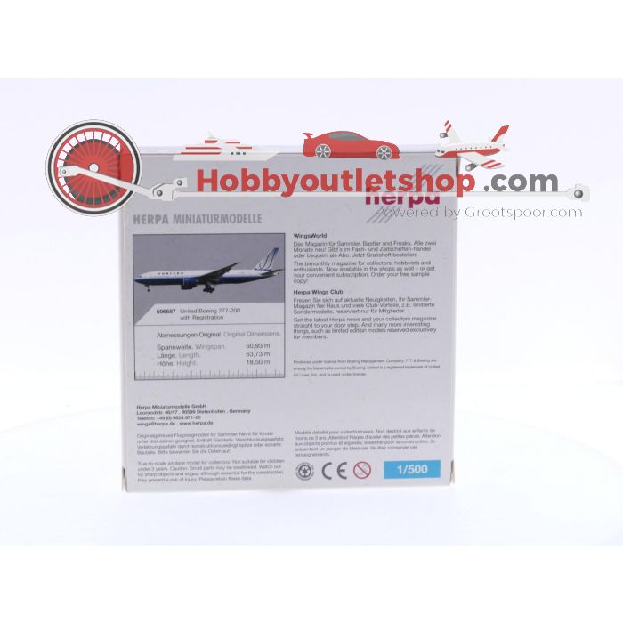 Schaal 1:500 Herpa 506687 United Airlines - Boeing 777-200 Reg.Nr. N775UA #6278 - sku: 20240920085139 - Gebruikt - Nieuwstaat - Afbeelding 2