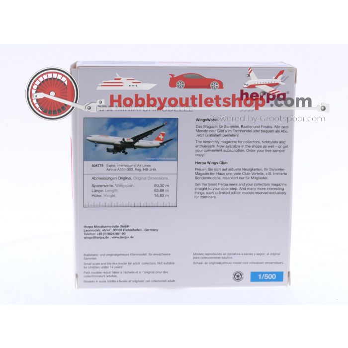 Schaal 1:500 Herpa 504775 Swiss International Air Lines Airbus A330-300 Reg.Nr. HB-JHA #6348 - sku: 20241004011850 - Gebruikt - Nieuwstaat - Afbeelding 3