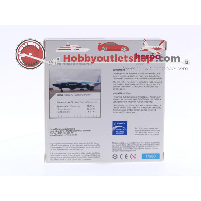 Schaal 1:500 Herpa 506755 Boeing Company Boeing 777-200LR 