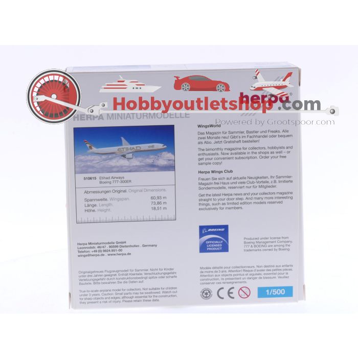 Schaal 1:500 Herpa 510615 Etihad Airways Boeing 777-300ER Reg.Nr. GR #6386 - sku: 20241010113425 - Gebruikt - Nieuwstaat - Afbeelding 3