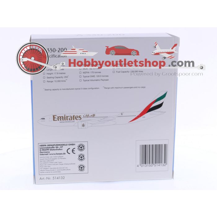 Schaal 1:500 Herpa 514132 Emirates Airbus A330-200 Reg.Nr. A6-EAR #6387