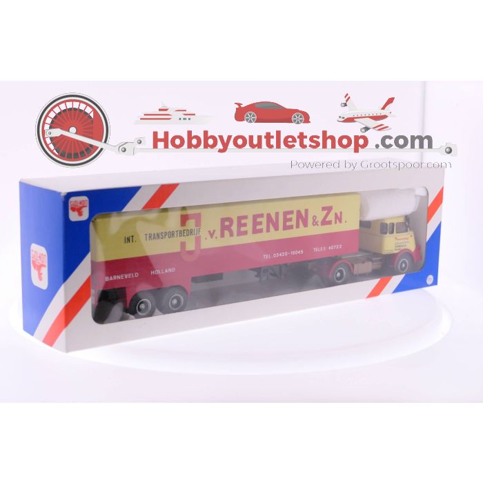 Schaal 1:50 MIHO DAF 2000 met Lion oplegger, spiegel eraf en alternatieve kleurstelling. #2819