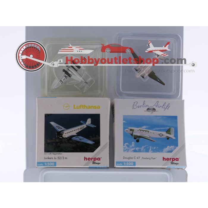 Schaal 1:500 Herpa 511377 Douglas C-47, Herpa 516709 Junkers Ju 52/3 m en Herpa Douglas DC-4 en Fokker 27 2 in 1 set #4631