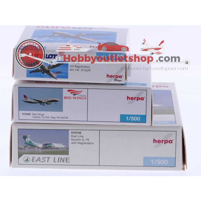 Schaal 1:500 Herpa 511629 ATR-42, Herpa 515450 Tupolev Tu-204 en Herpa 510745 llyushin IL-76 #4702