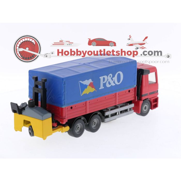 Schaal 1:55 Siku 2933 Rode Mercedes-Benz Actros Vrachtwagen met P&O Container en Gele Meeneemheftruck #5093 - sku: 20231108102245 - Gebruikt - Zeer goede staat - Afbeelding 2