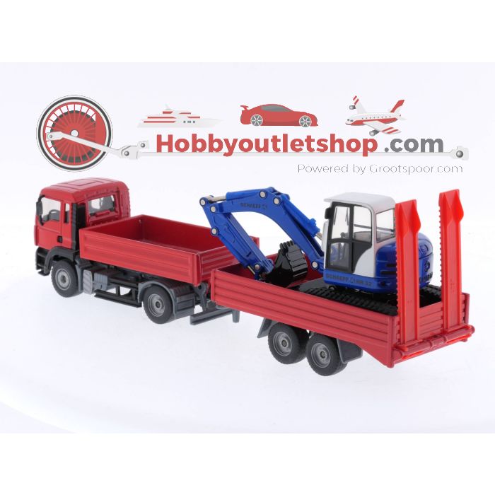 Schaal 1:55 Siku 3920 Rode MAN Vrachtwagen met Blauwe Schaeff Graafmachine #5094