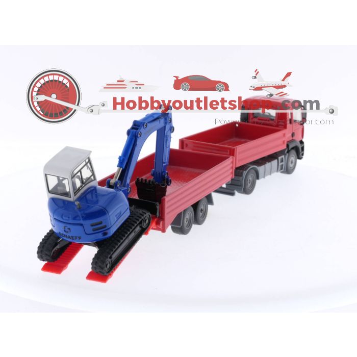 Schaal 1:55 Siku 3920 Rode MAN Vrachtwagen met Blauwe Schaeff Graafmachine #5094