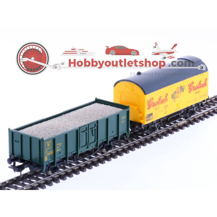 Schaal H0 Fleischmann 5207 5045 NMBS NS hogeboordwagen met lading gesteente en bierwagen #1861